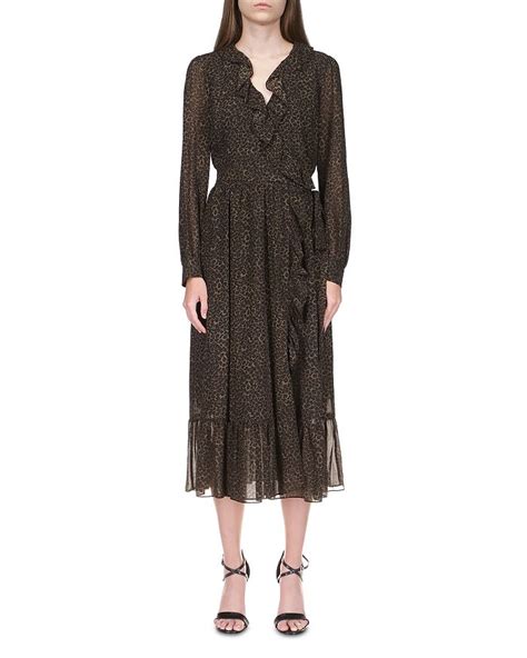 Michael Kors Leopard Print Ruffle Wrap Midi Dress 